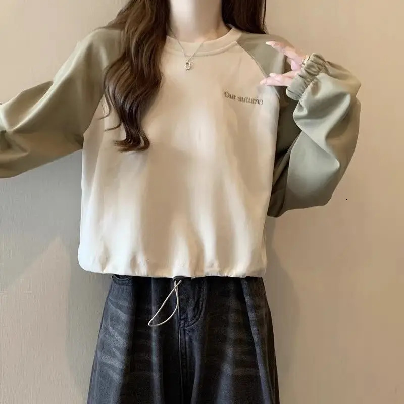 Office Lady Contrast Color Pullover Letter Embroidered Lantern Long Sleeve Womens Clothing Casual Loose Hoodies Round Neck Tops 240806