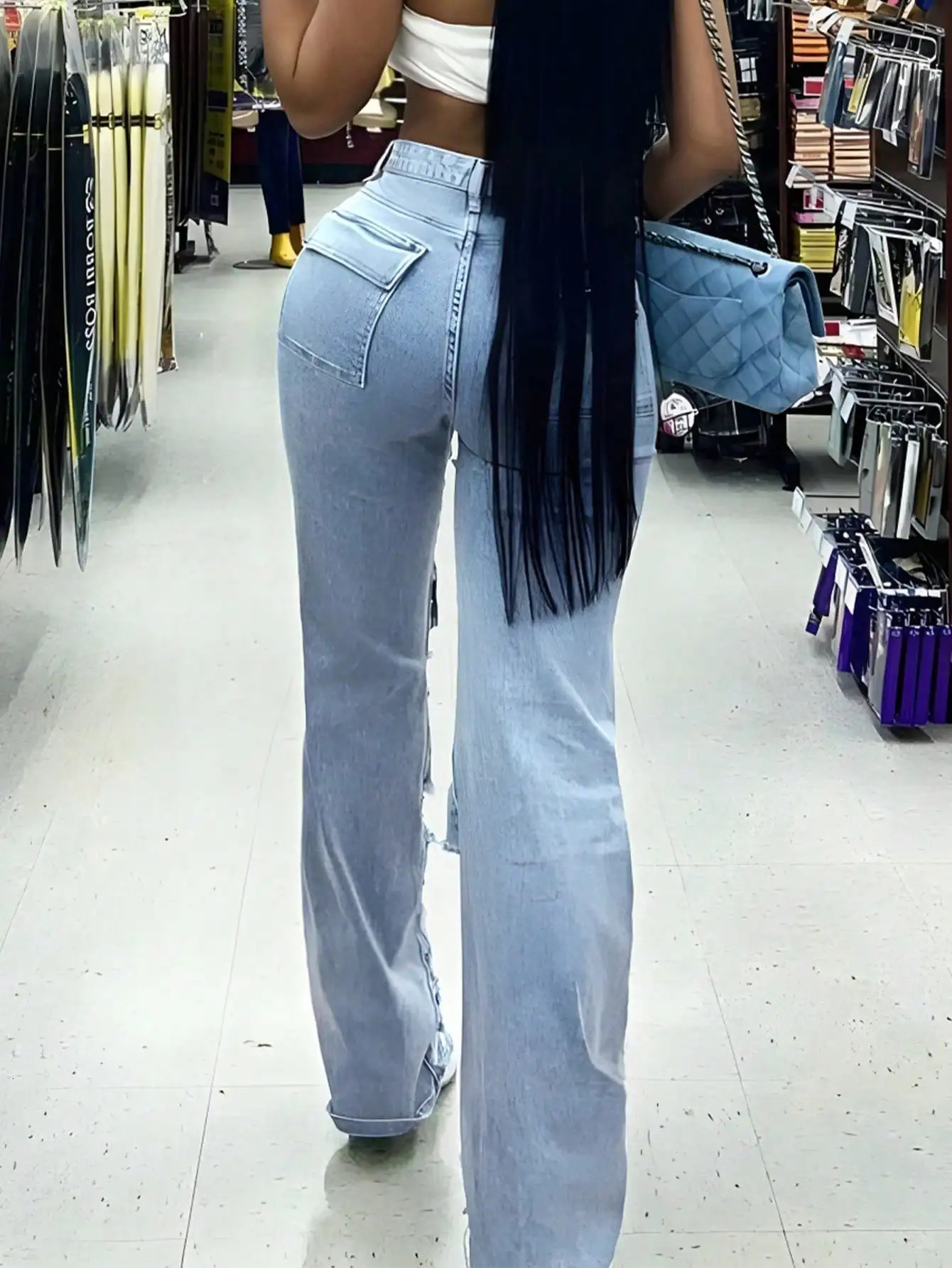 90s Y2K Street High Waist Washed Flap Pocket Ripped Decor Cargo Pants Daily Casual Jean 240806