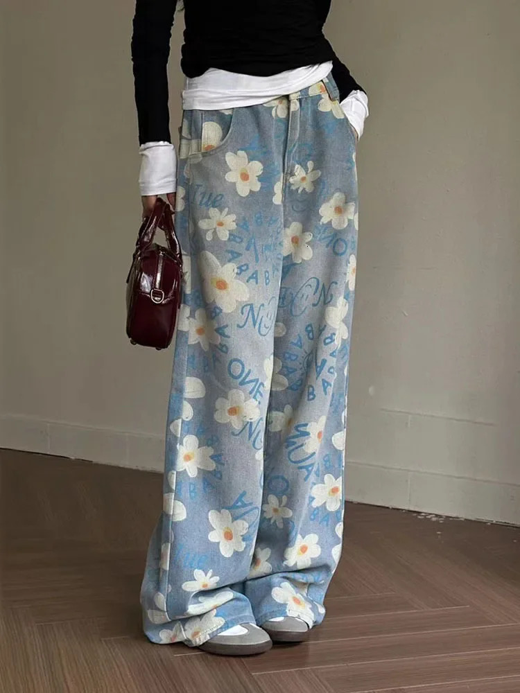 Vintage Baggy Blue Womens Jeans Straight Loose High Waist Trousers Flower Printing Streetwear Fashion Mom Denim Wide Leg Pants 240806