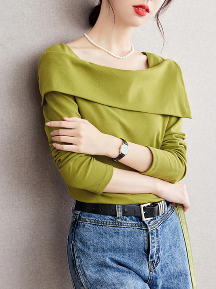 Autumn French Square Neck Tops Temperament Versatile Long Sleeved T-shirt Women Sexy Solid Color Slim Fit Top 240806