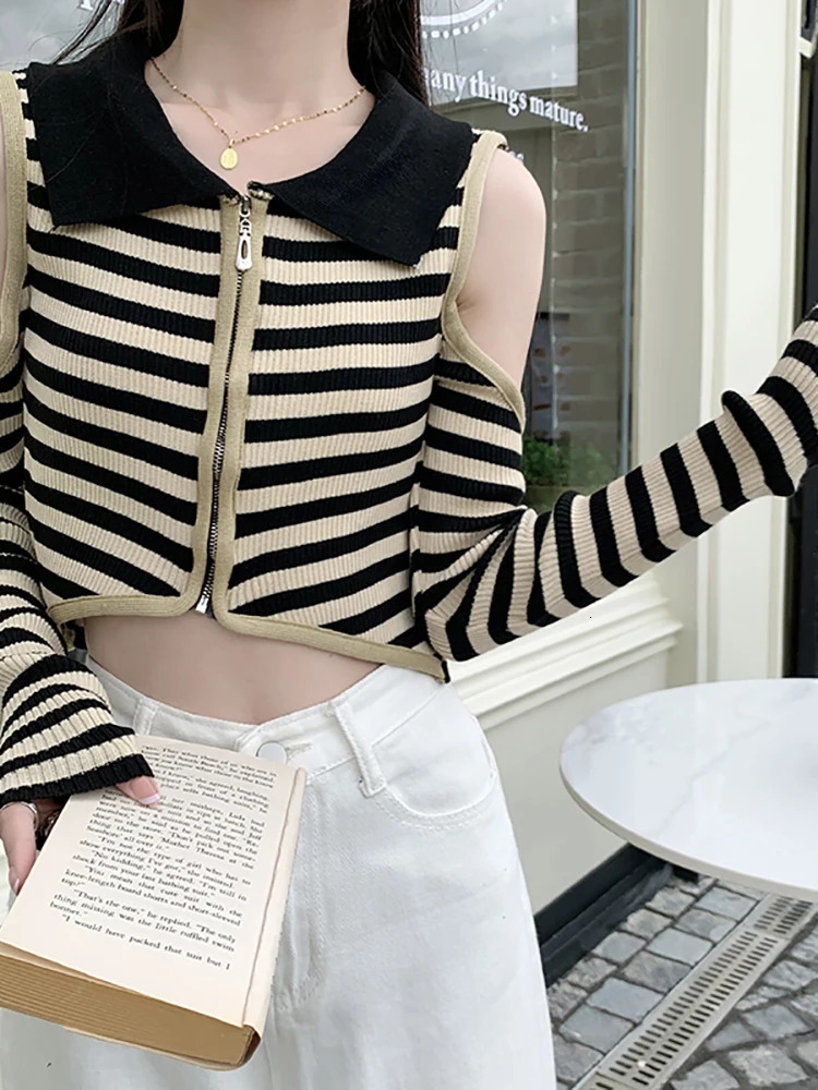 Itolin Y2K Womens Sexy Off Shoulder Long Sleeve T-shirt POLO Collar Striped Knitted Womens Striped Zipper Top 240827