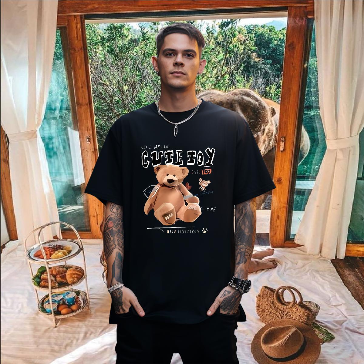 New Mens T Shirts 230g Pure Cotton bear Sports Casual Tops Shirt Breathable Soft Comfortable Men Clothes T-Shirt Oversized