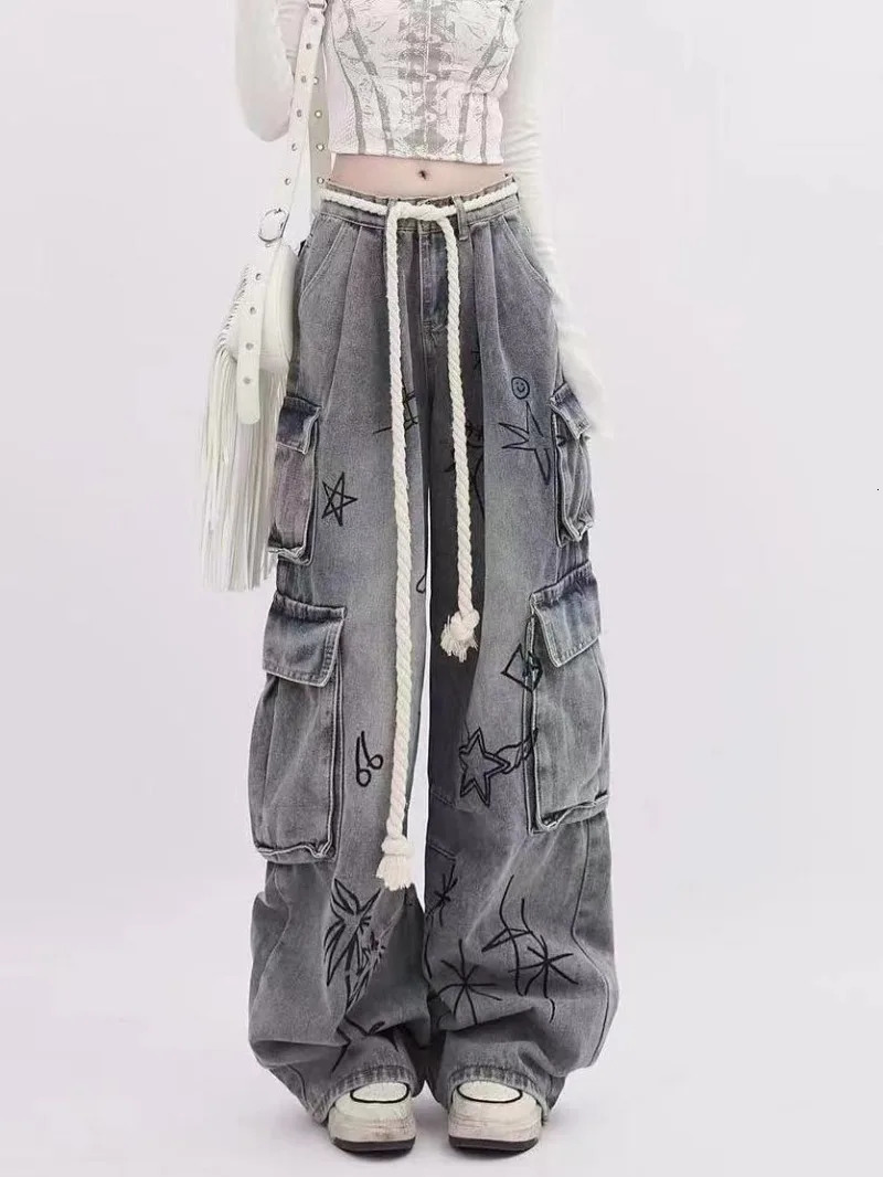American High Street Washed Raw Edge Stitching Jeans Women Autumn and Winter Y2KINS High-End Trend Loose Slim Wide-Leg Pants 240806