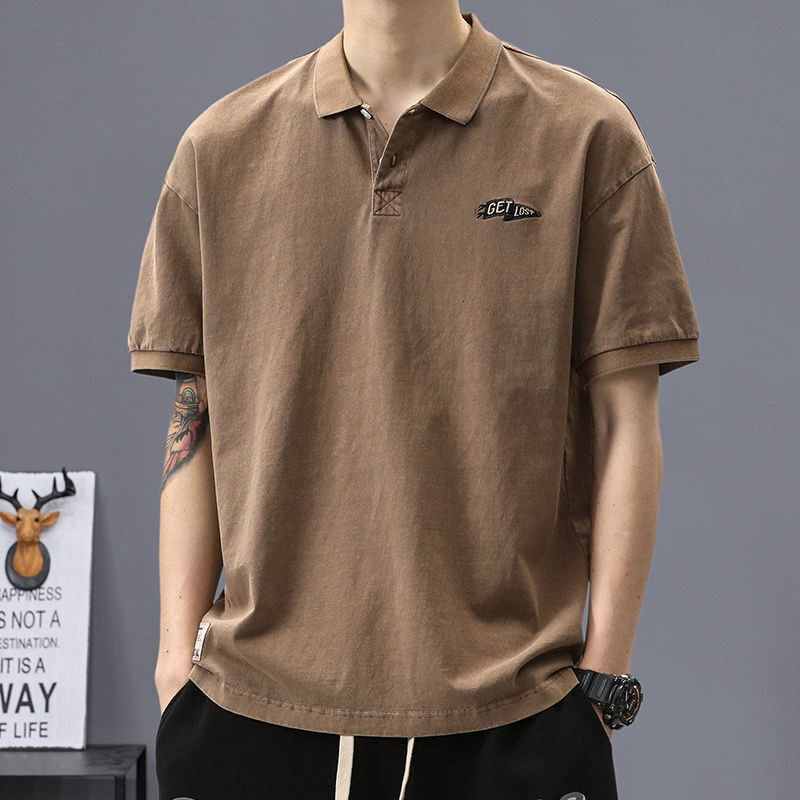 Summer men's American polo shirt with a collar and short sleeved shirt, trendy brand loose oversized T-shirt top