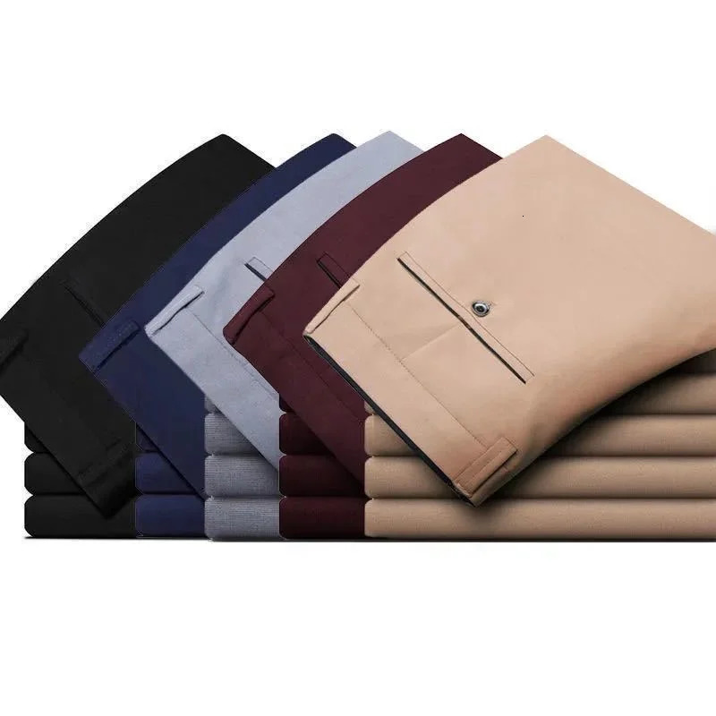 Business Version Slim Fitting Mens Spring Summer Casual Straight Leg Suit Pants Solid Color Button Pockets Fashion Trousers 240806