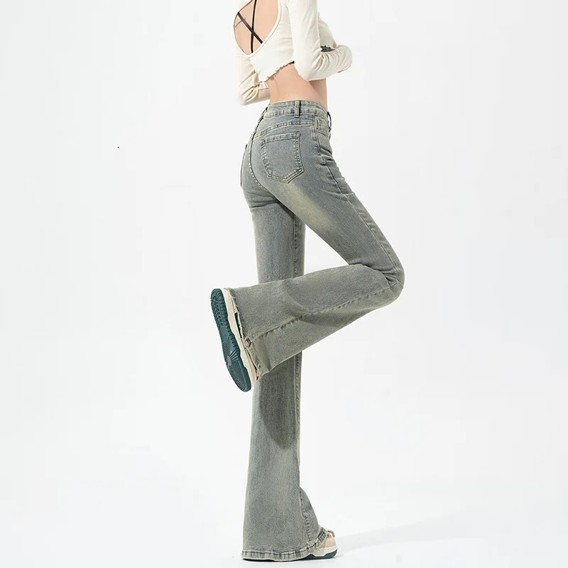 Vintage Blue Flare Women Summer High Waist Slim Skinny Jeans Denim Trousers Korean Style Strt Strtwear Y2K Z260313