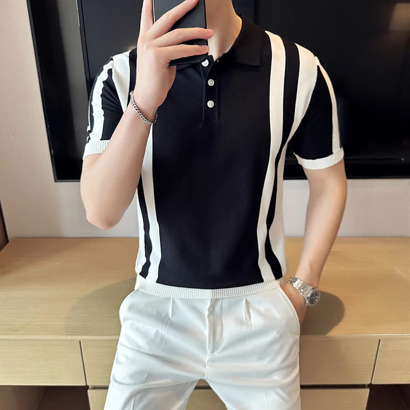 British Style Short Sleeved Polo Shirt Mens Summer Striped Slim Knit Shoulder Strap Business Tshirt 24