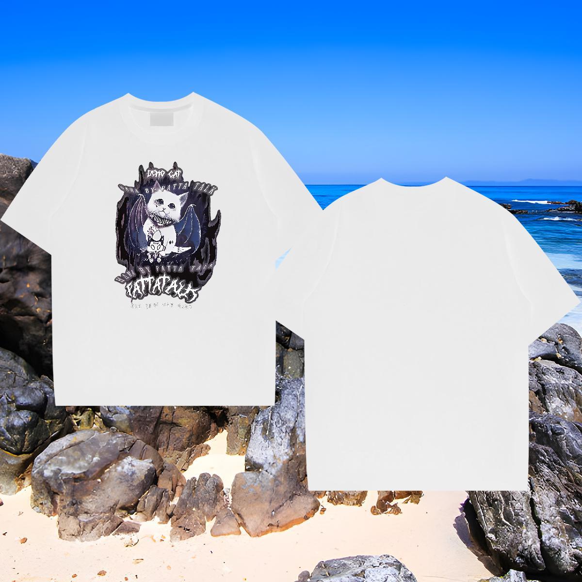 Loose Men Tees 230g Pure Cotton cat T shirt Street Casual Round Neck Short Sleeve Plus Size Cartoon DIY Wear