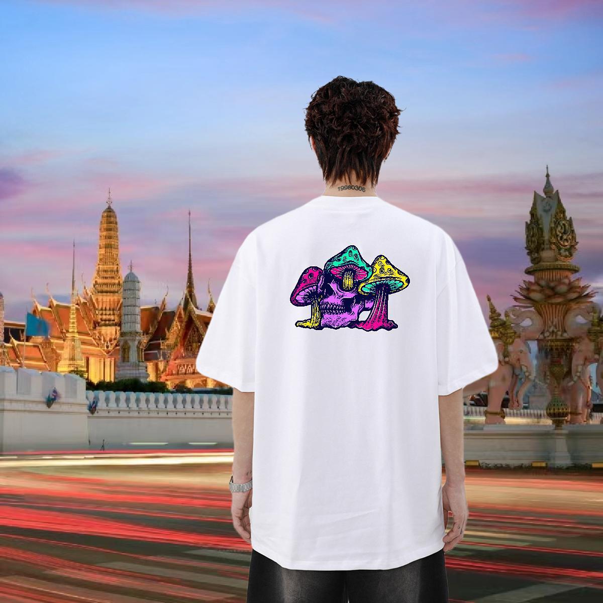 2024 T Shirts Men 100% Cotton 230g mushroom Casual Beach Tops Shirt Crew Neck Breathable Soft Men Tshirts DIY Anime