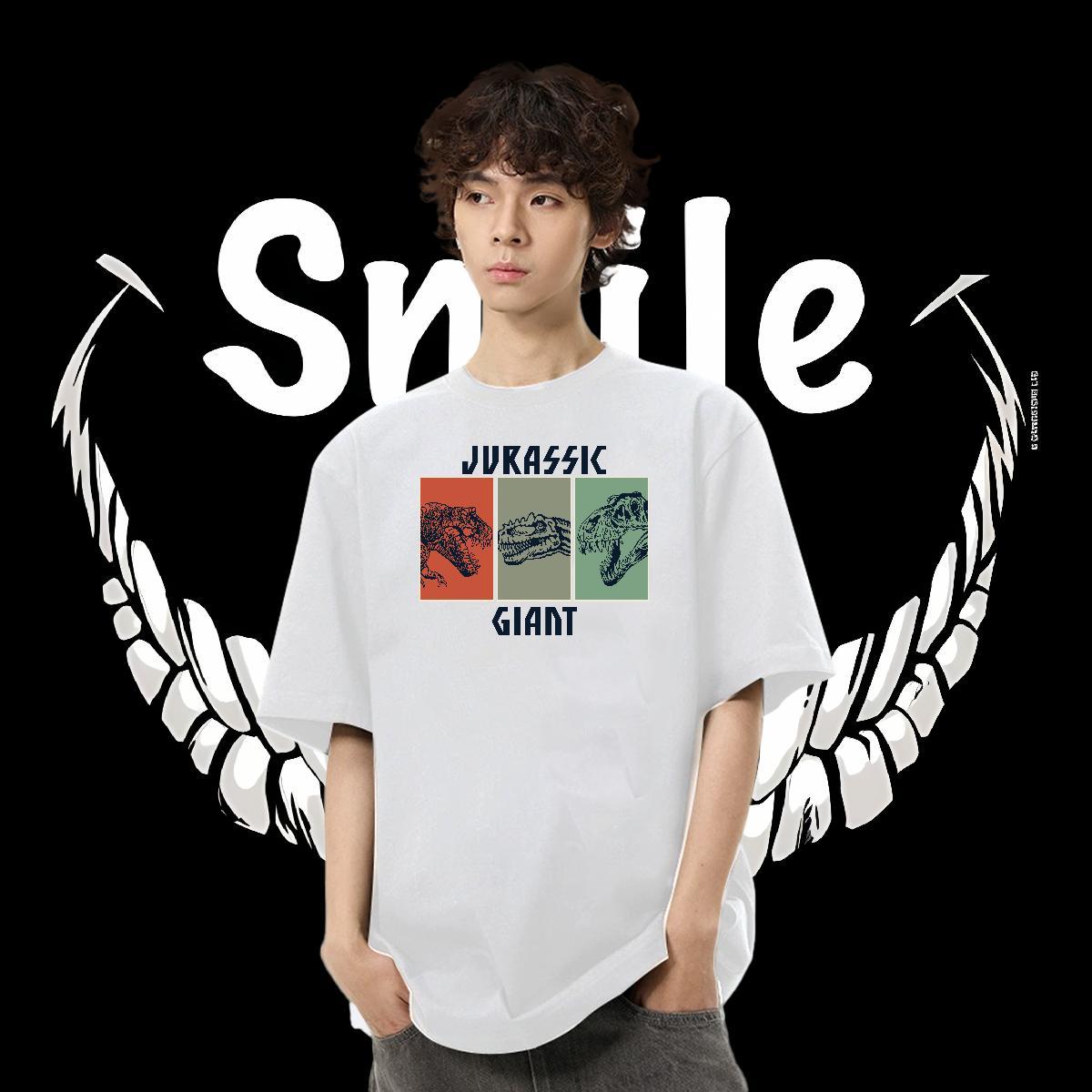 New Men T Shirts 230g Pure Cotton dinosaur Street wear Hip Hop Tops Shirt Breathable Crew Neck Loose Fit Men Tees Oversized