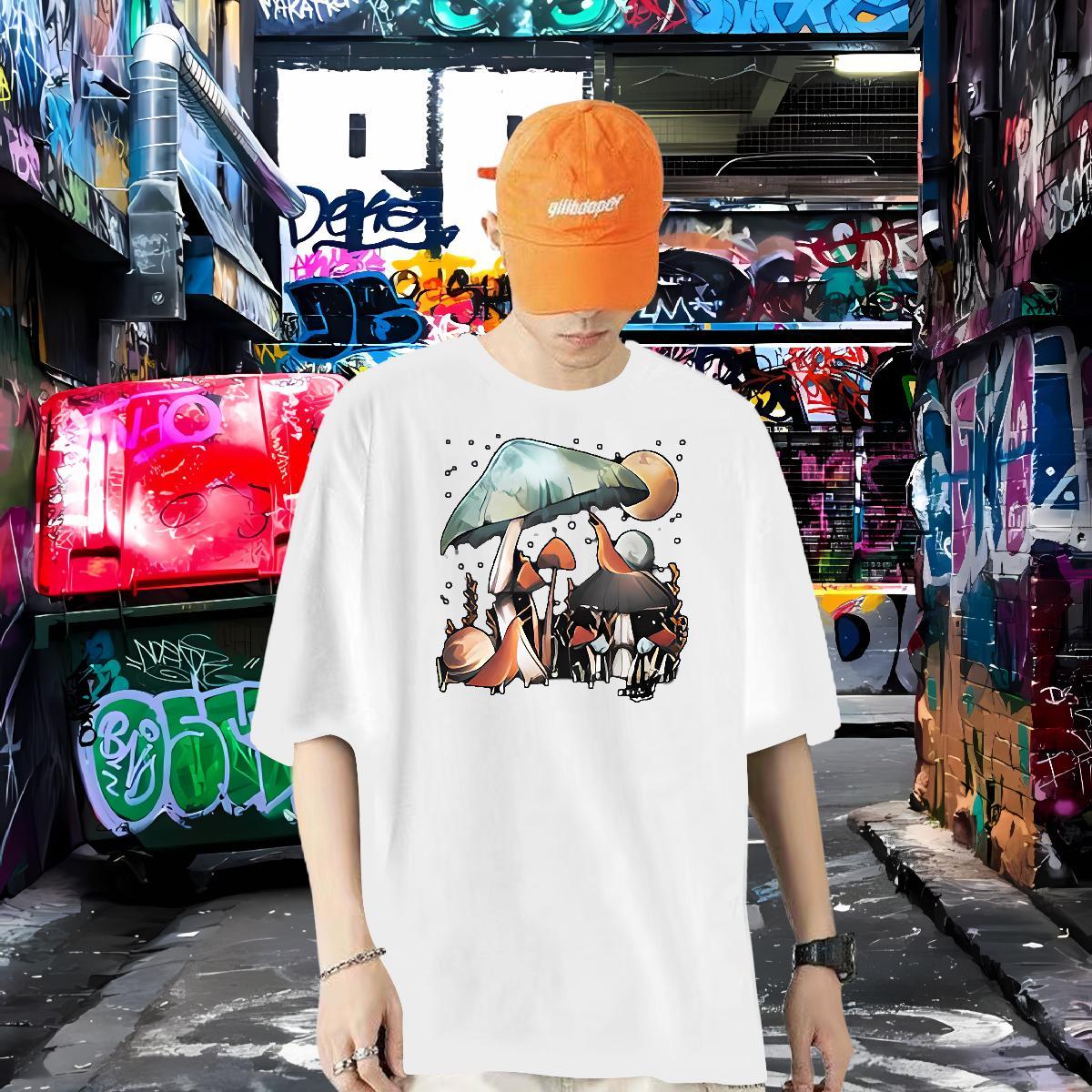 2024 Summer T Shirts Men 230g Pure Cotton mushroom Outdoor Tops Breathable Comfortable Tshirt for Man Woman Skull