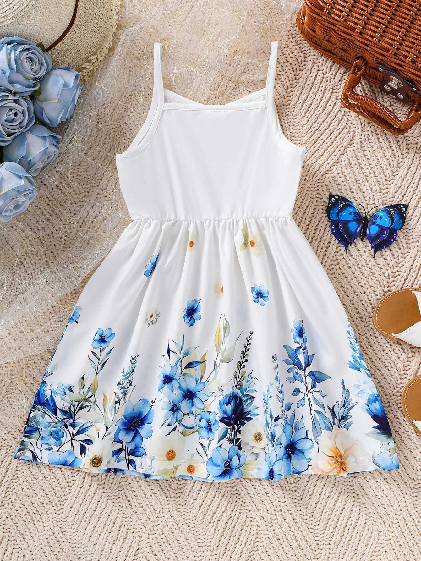 Childrens Girls Summer New Sling Dress Flower Printed Pendant Dress Cute and Adorable Childrens Daily Casual Clothing 4-7 Years OldW240720