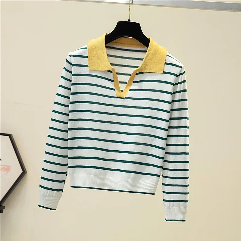 Striped V-neck Pullover Polo Sweater Womens Early Autumn Casual All-match Tops Long-sleeved Knitted Bottoming Sweaters Jumpers 240806