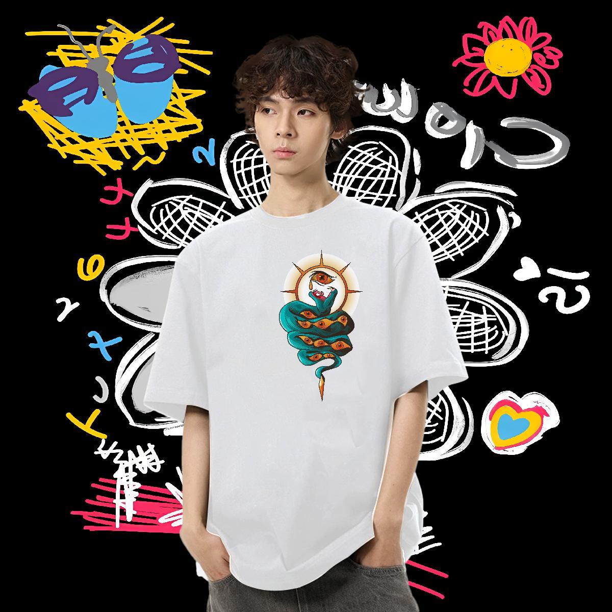 New Mens T Shirts 230g 100% Cotton snake High Street Hip Hop Tee Shirt Crew Neck Breathable High Quality Men Tees Custom Anime