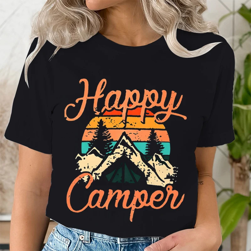 Mountain Adventure Print T Shirt Women Kawaii Graphic Shirts Casual Short Sleeved Black Female Tee O-neck Harajuku T-shirts Tops 240806