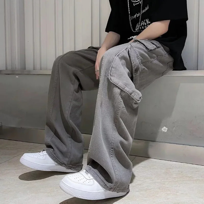 Trousers Man Wide Multi Pocket Cargo Pants For Men Grey Straight Multipockets Large Size With Comfortable Aesthetic Emo Cotton 240806