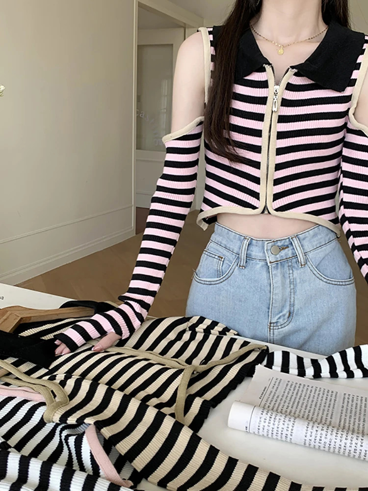 Itolin Y2K Womens Sexy Off Shoulder Long Sleeve T-shirt POLO Collar Striped Knitted Womens Striped Zipper Top 240827