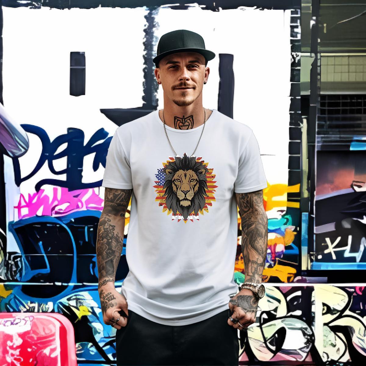 2024 New T-Shirts 230g Cotton lion Spring Summer Tees Round Neck Short Sleeve Loose Fit Tshirts Plus Size Cartoon