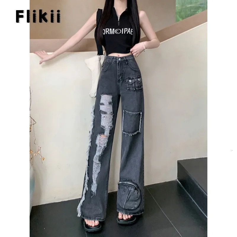 Womens Y2K Baggy Japanese 2000s Denim Trouser Washed Vintage Casual Pants High Street Retro High Waist Trashy Ripped Jeans 240806