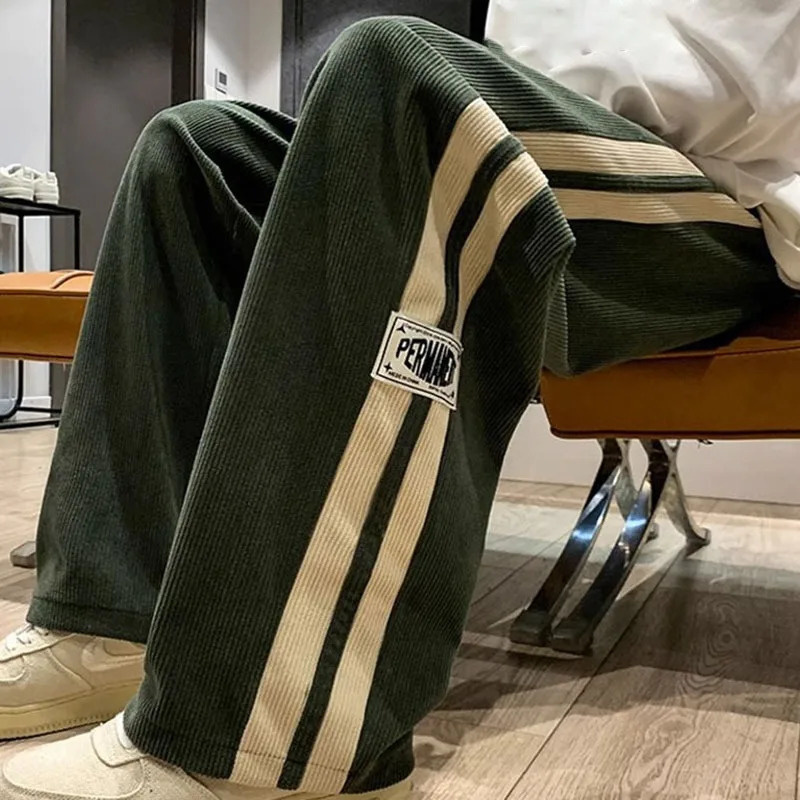 Side Striped Corduroy WideLeg Pant Men Korean Fashion Hip Hop Cargo Loose Casual Straight Sports Outdoor Running 240806