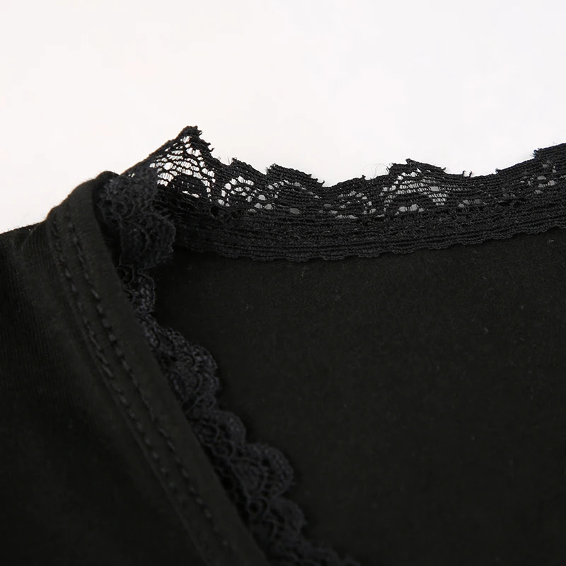 CIBBAR Vintage Lace Stitched Black Crop Top Women Basic Skinny Long Sleeve Solid T Shirt Autumn Winter Casual Tee Shirt y2k 240806
