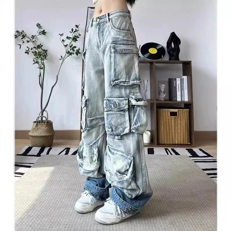 FOTVOTEE Cargo Pants Women Vintage Washed Streetwear Casual Loose Denim Pants Fashion Wide Leg High Waisted Jeans Y2k 240806