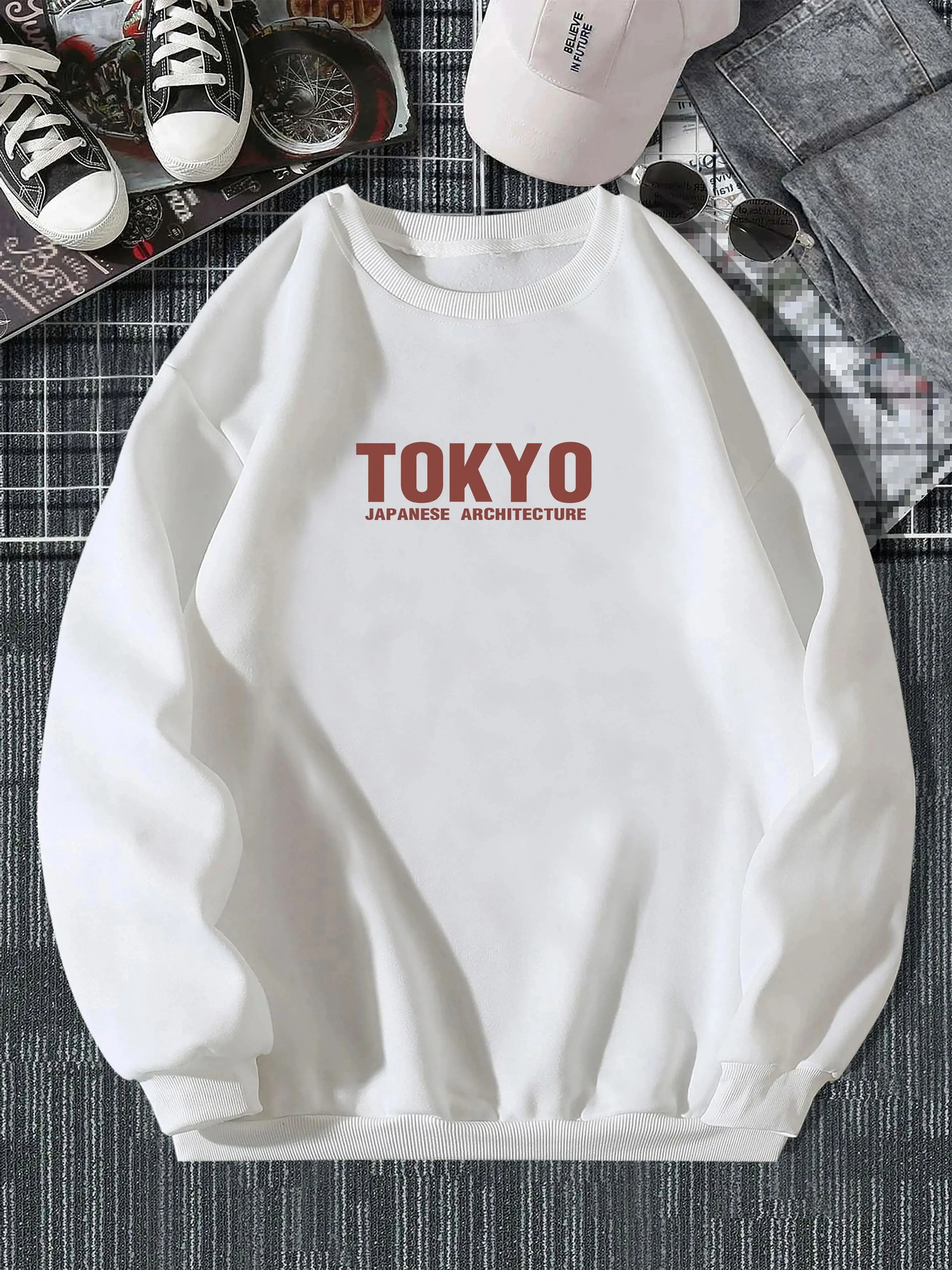 Japanese Tokyo Sakura Printing Spring Casual Women Pullover Sweatshirt Warm Soft Hoodies Loose Crewneck Fleece Female Clothing 240806