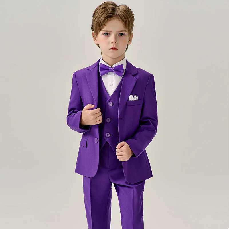 Suits Child Purple Formal Slim Fit Suit Set Boys Wedding Birthday Performance Photography Costume Kids Blazer Vest Pants Bowtie Outfit