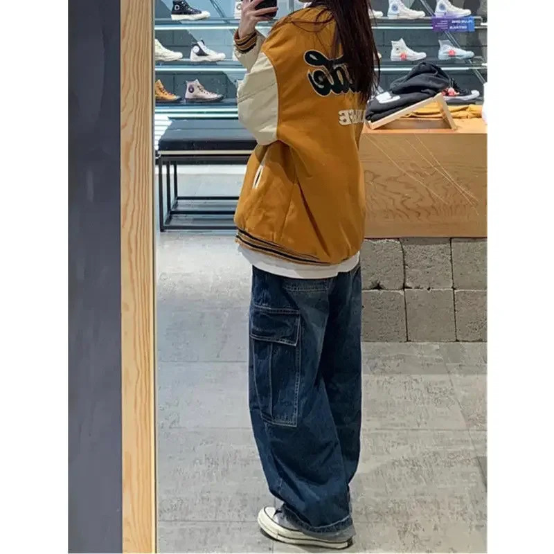 Dark Blue vintage cargo Jeans Womens Spring y2k Streetwear Loose high waisted jeans Straight Wide Leg cargo Jeans Womens 240806