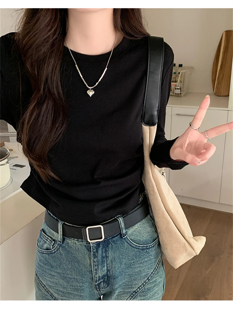 Autumn Women T Shirt Girls T-Shirt Woman Clothes Tops Cotton Slim Tshirt Female Long Sleeve Crop Top Y2k Spring Tee Sexy White 240806