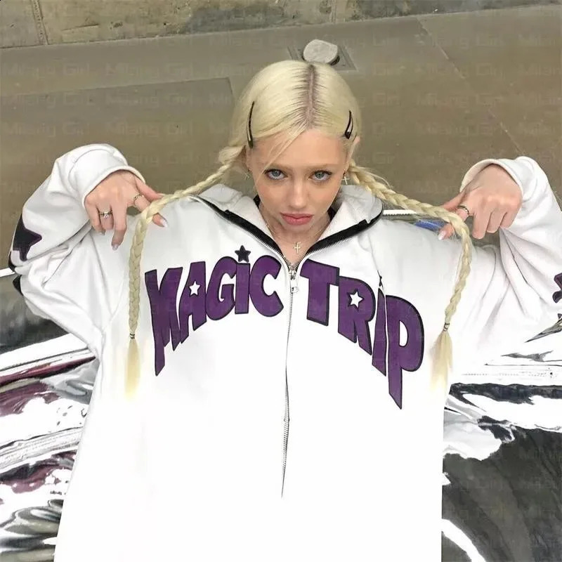 Zip Up Y2K Street Retro Clothing Women Gothic Black Zip Up Oversized Sweatshirts Female Retro Harajuku Hooded Jacket Streetwear 240805