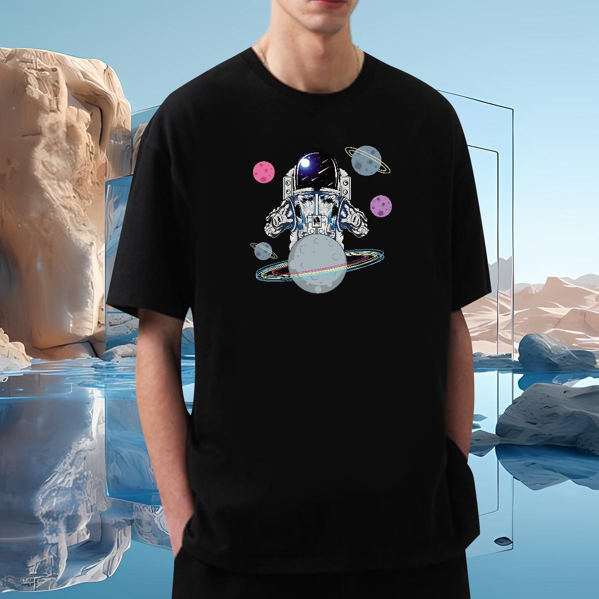 T Shirt For Man 230g 100% Cotton cosmonaut High Street Hip Hop O Neck Short Sleeves Plus Size Custom Men Tops Tees Fashion New Comfortable Top Tees