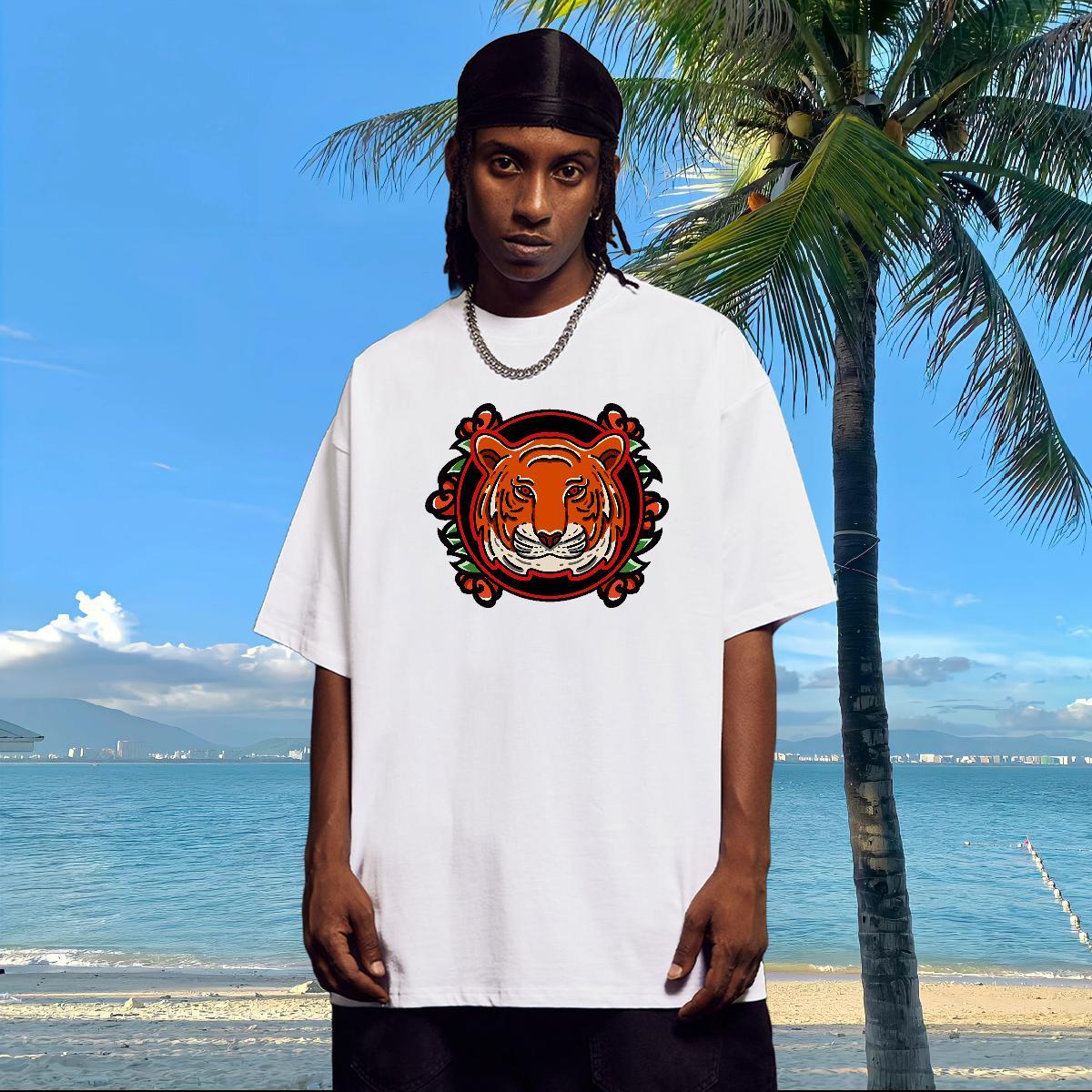 2024 Summer T Shirt For Man 230g Cotton tiger Daily Wear Clothings Crew Neck Classic Men Tshirts Custom Cartoon
