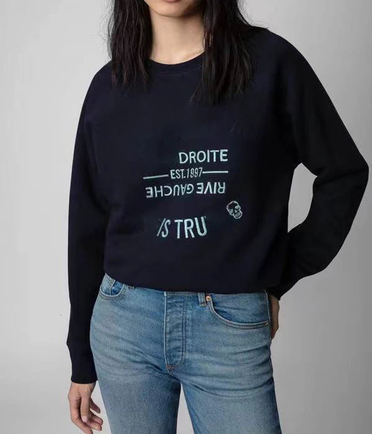Classic Letter Embroidery Cotton Sweatshirt For Women Autumn Winter Crewneck Long Sleeve Pullover Sweatshirt-8 Colors 240806