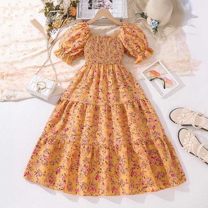 Summer dress 8-12 year old childrens girl fluffy sleeves yellow floral long dress elegant princess birthday party daily dressW240720