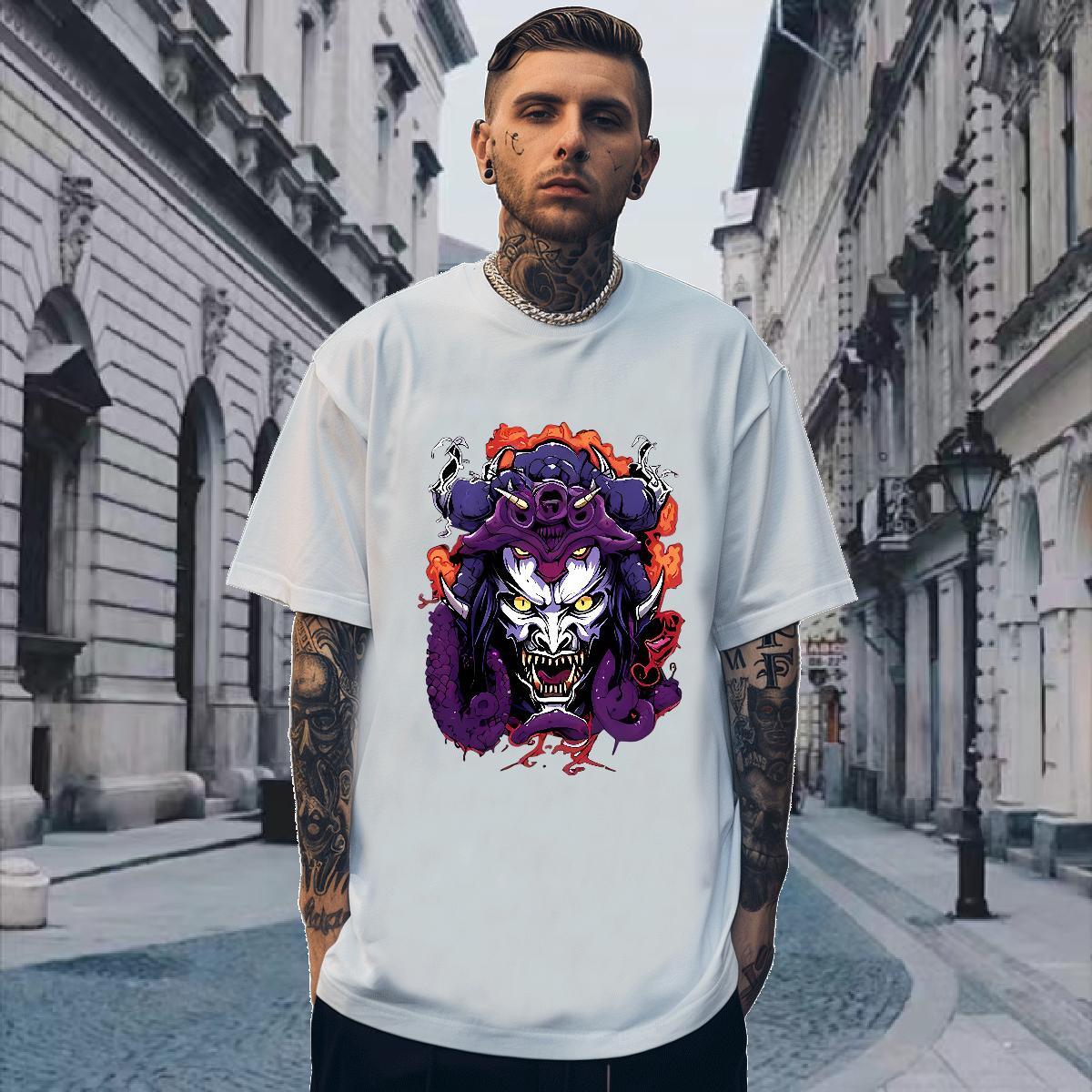 T-Shirts for Men 230g Pure Cotton Terror, Purple Dragon,Flame Casual Daily Wear Breathable Crew Neck Plus Size Cartoon Men Tops Tees Fashion Designer 