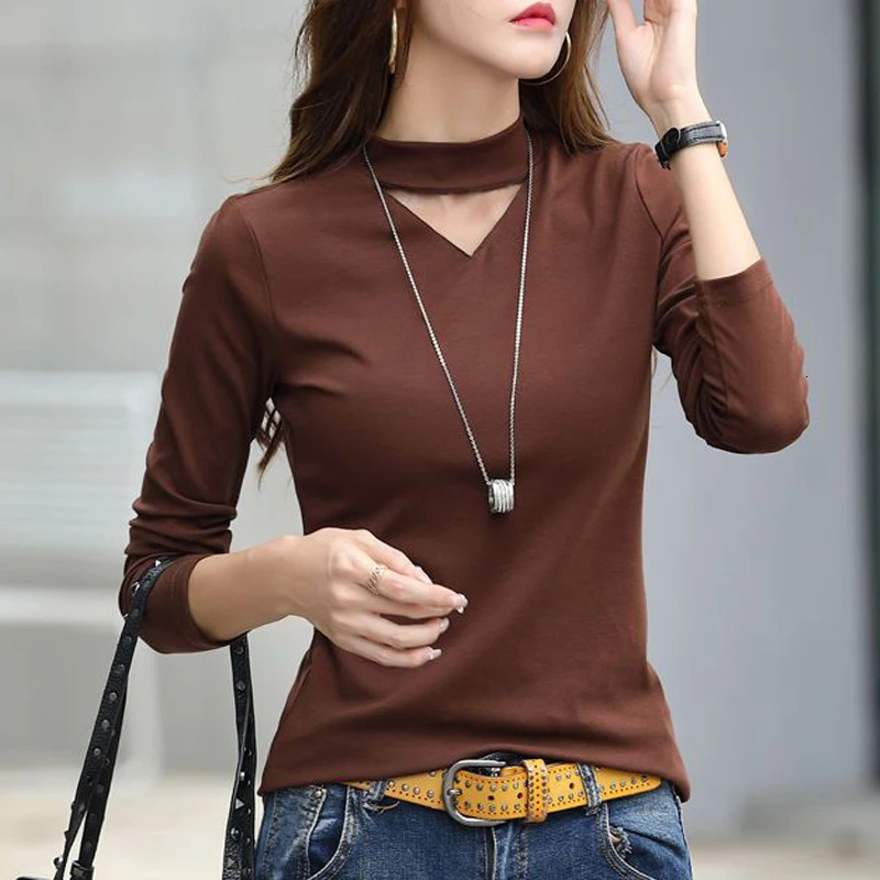 Women Korean Fashion Sexy Hollow Out Elegant Half High Collar Basic T-shirts Female Casual Solid Slim Long Sleeve Pullover Tops 240806