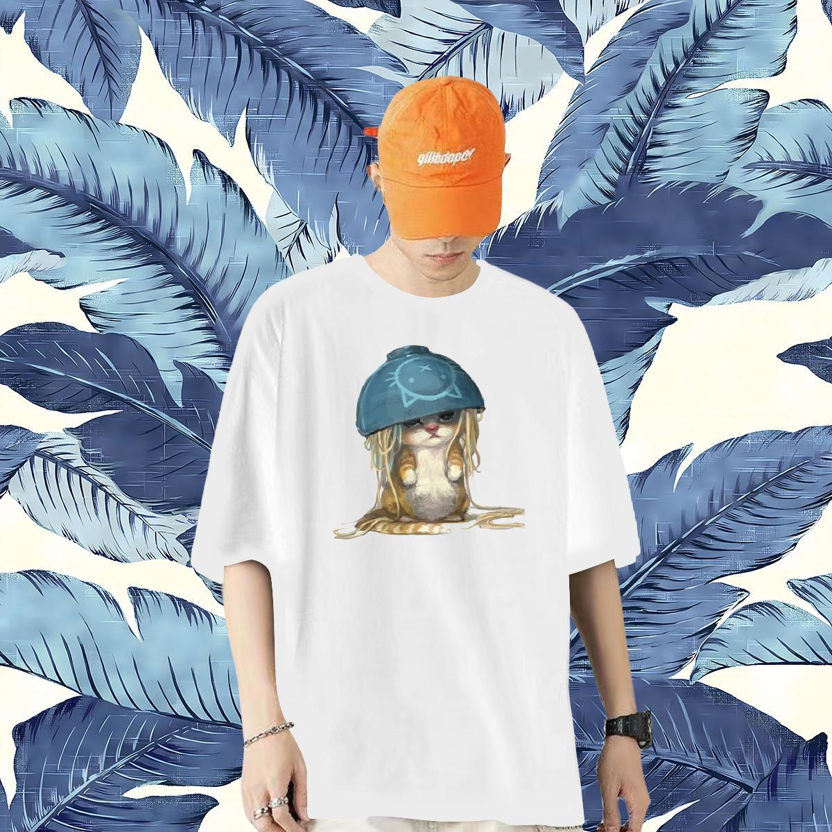 Fashion Casual T shirt 230g Cotton cat Sports Casual Tops Shirt Breathable Crew Neck Cool Men Clothes T-Shirt Cartoon Print