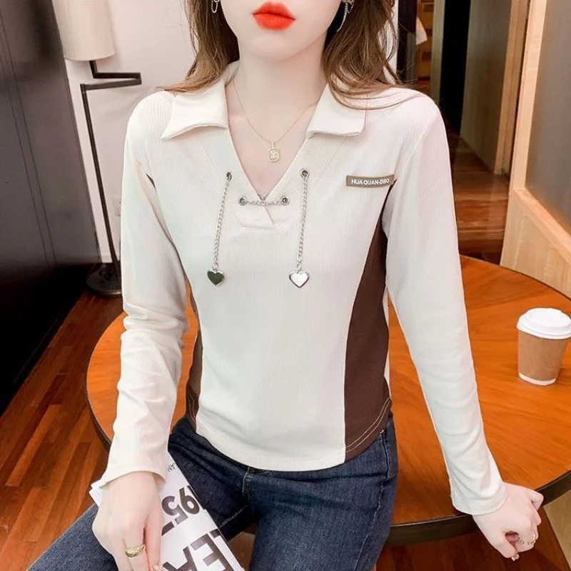 Spring Womens Polo Neck Tee Shirt Autumn Streetwear Clothes T Shirts for Women Long Sleeve Korean Fashion Clothing Casual Top 240806