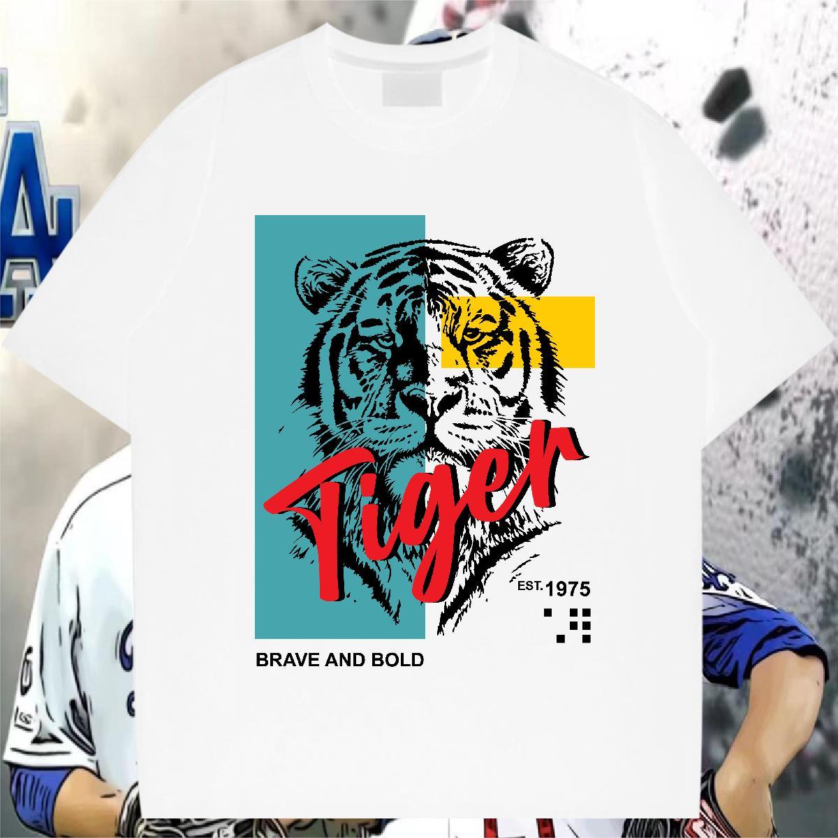 Classic T-Shirts for Men 230g Pure Cotton tiger Street Wear Clothes Crew Neck Cool Mens Tshirts Black White