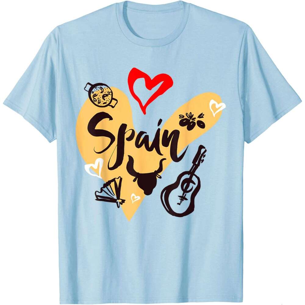 T shirt Mens I Love Spain, Cool Spain Doodles Illustration Graphic Design T-Shirt shirts tshirt graphic tee Casual tops summer clothes Short sleeve Fr