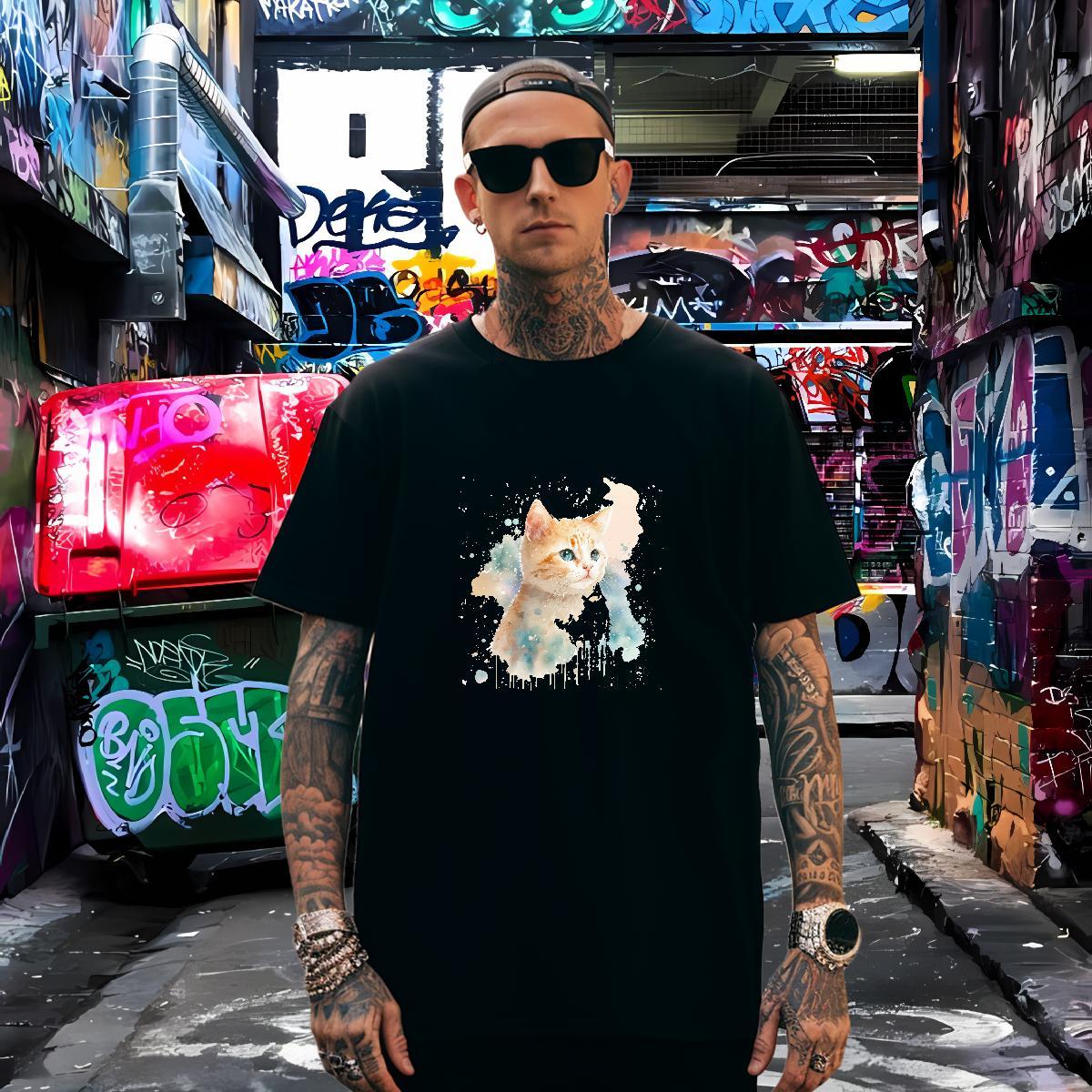 Popular Tshirts 230g Pure Cotton cat T Shirts Men Summer Casual Crew Neck Oversized 2024 DIY Tee Shirt