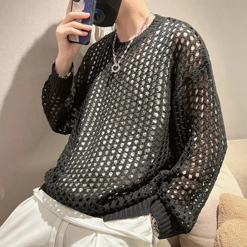 Comfortable Men Shirt Mens Hip Hop Mesh Fishnet Clubwear Top Solid Color Round Neck Long Sleeve Seethrough Pullover for y240812