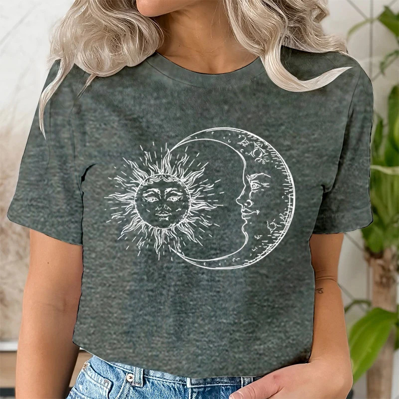 Sun Moon Face Print T Shirts Fashion Summer Casual Tops Punk Womens O-neck Tshirt Clothing Hip Hop Streetwear 2000s Clothes 240806