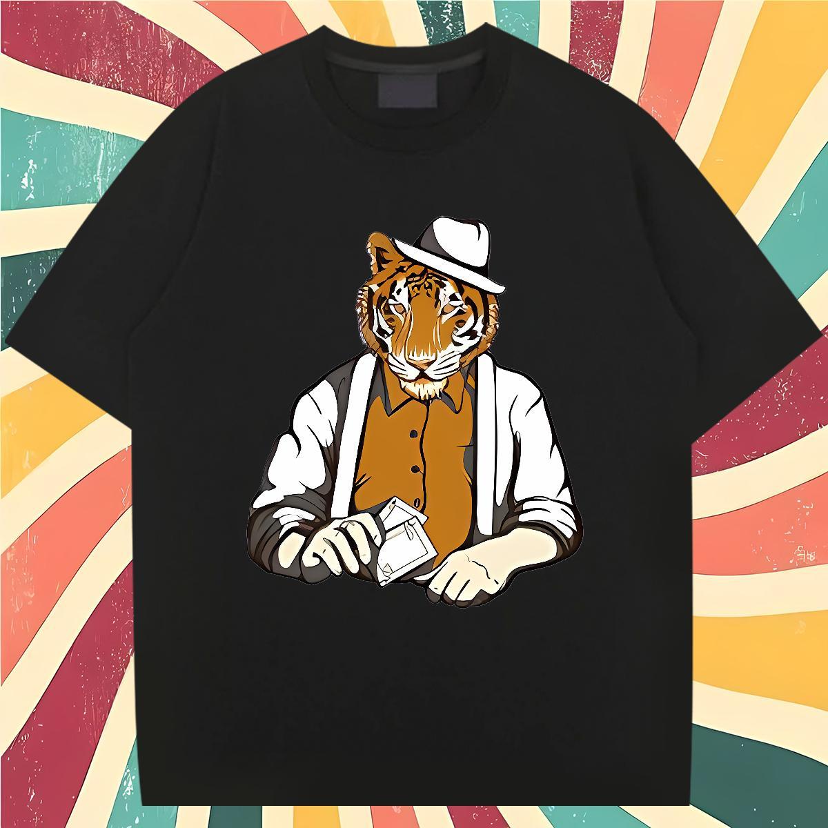 Fashion Casual T-Shirts for Men 230g Cotton tiger Sports Casual Tshirts Breathable Short Sleeve High Quality Mens Tshirts Anime