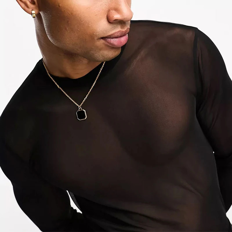 Spring Mens Mesh T-shirts Sexy See Through Thin Tops Party Fashion Men Clothes O Neck Long Sleeve Transparent T Shirt 240806CJ