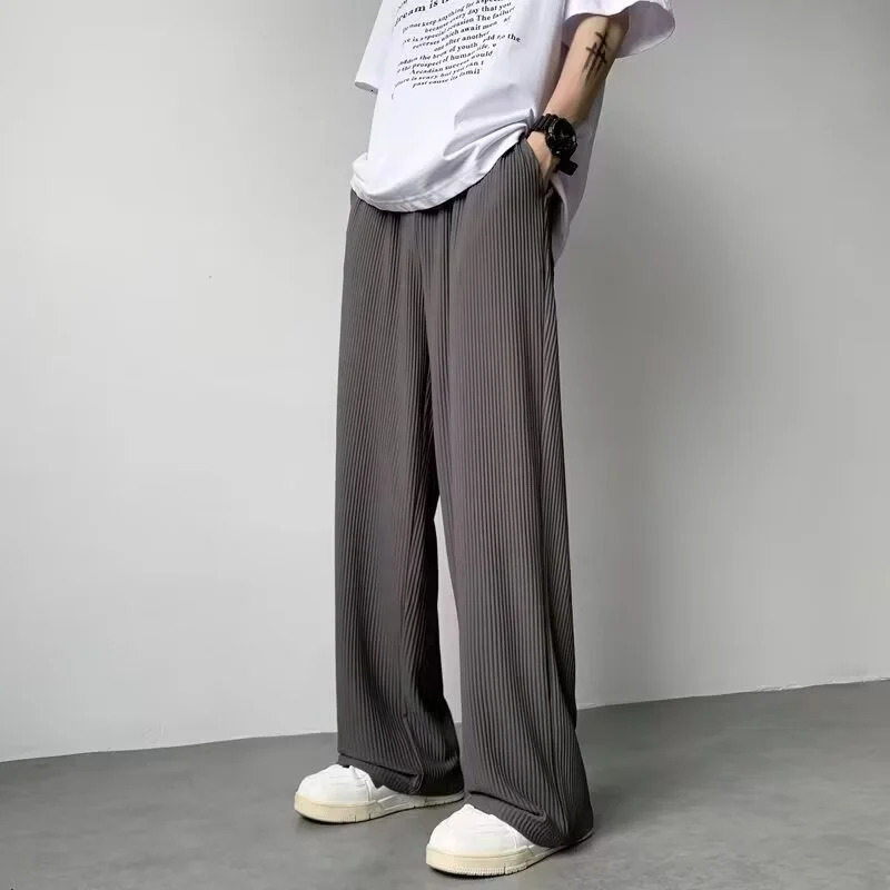 Summer Texture Straight Pants For Men Korean Fashion Baggy Wideleg Trousers Casual Drape Pleated Striped Y2K Pantalones Hombre 240806