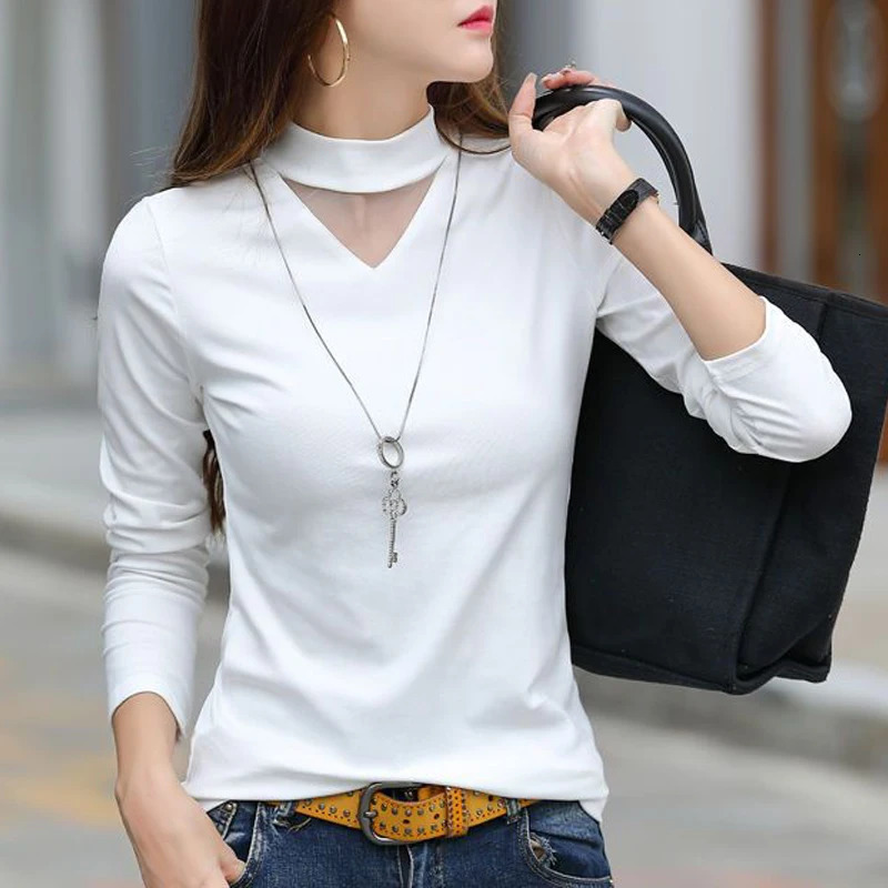 Women Korean Fashion Sexy Hollow Out Elegant Half High Collar Basic T-shirts Female Casual Solid Slim Long Sleeve Pullover Tops 240806