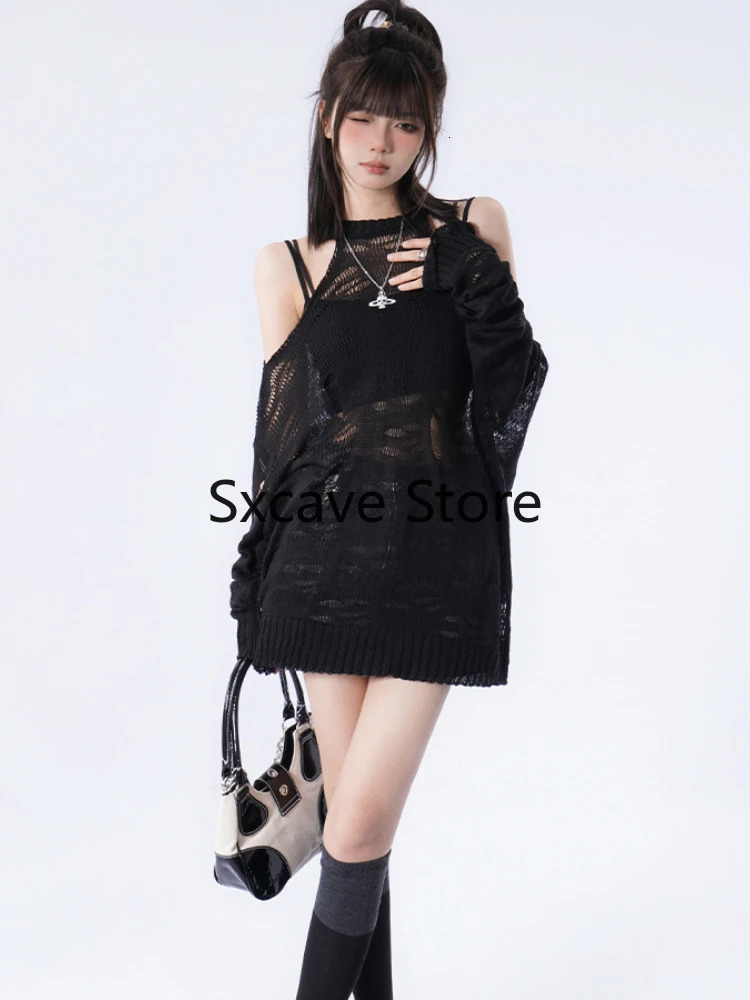 Black Loose Women Sweaters Y2k Clothing Aesthetic Hollow Out Thin Pullovers Summer Long Sleeve Fashion Kniited Tops Sexy 240806