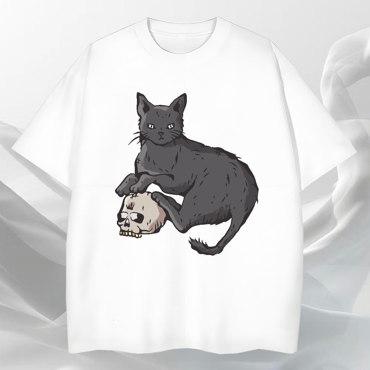 Soft Men Tops Tees 230g Cotton Street Casual cat Black Oversized O Neck Short Sleeves Casual New T shirt Tops Shirt